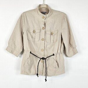 Investments Petites Womens Linen Blend Jacket Size 6 P Khaki Tan Belted Blazer